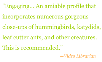 Quote: "Engaging...An amiable profile that incorporates numerous gorgeous close-ups of hummingbirds, katydids, leaf cutter ants, and other creaturess. This is recommended."- Video Librarian 